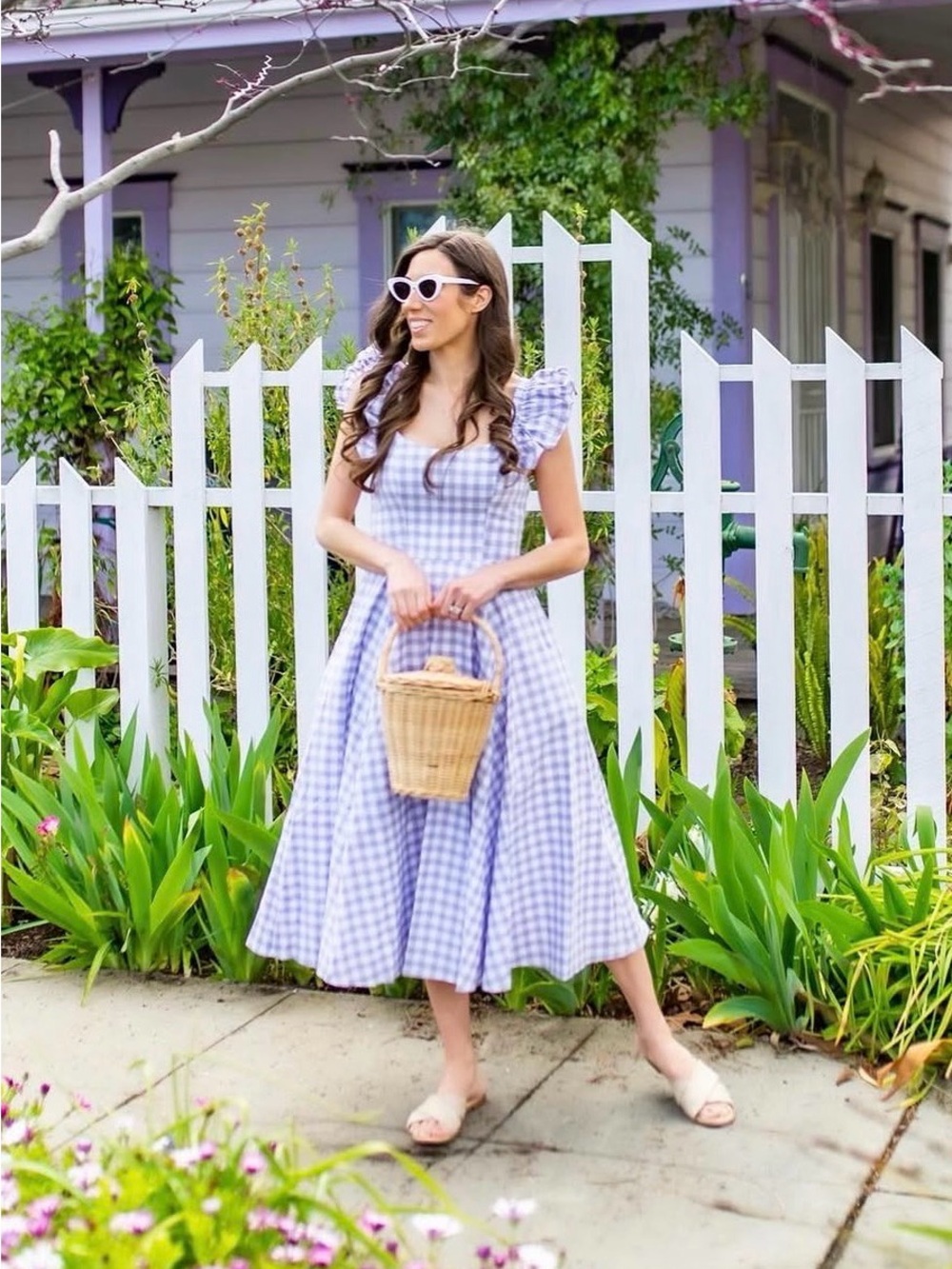 Hill House Home Lavender Gingham Midi Dress with Ruffled Shoulders